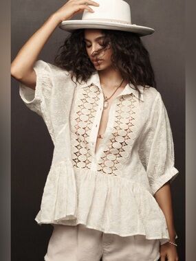 New Anthropologie Cream Lace-Placket Babydoll Embroidered Blouse